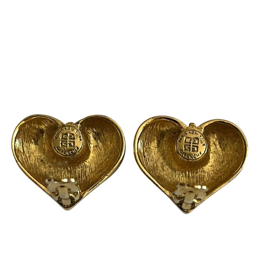 Givenchy Logo Gold tone HEART Shape Clip-On Earrings Vintage - Picture 5 of 8